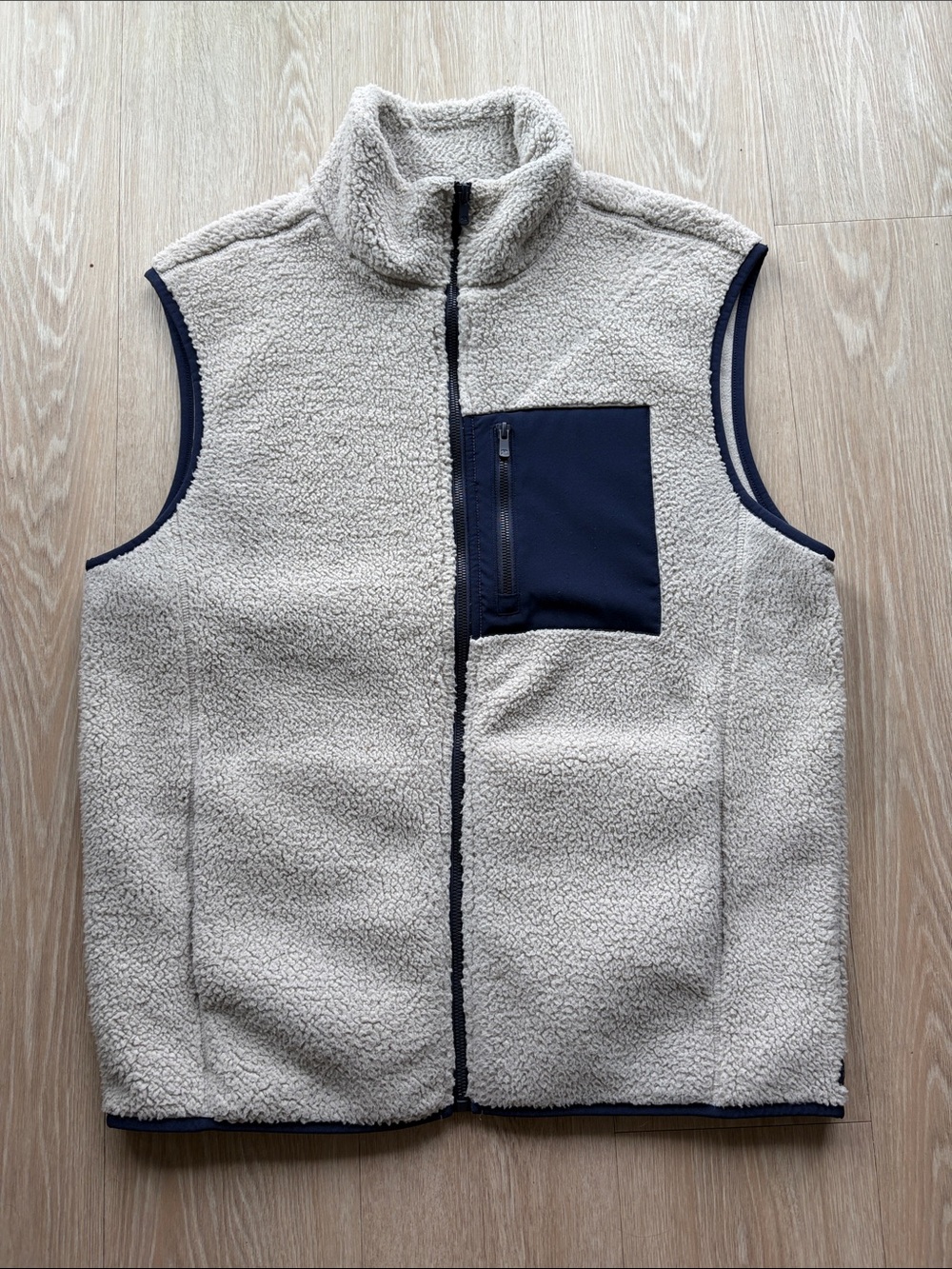 The Normal Brand Cream Sherpa Fleece Vest with Navy Pocket